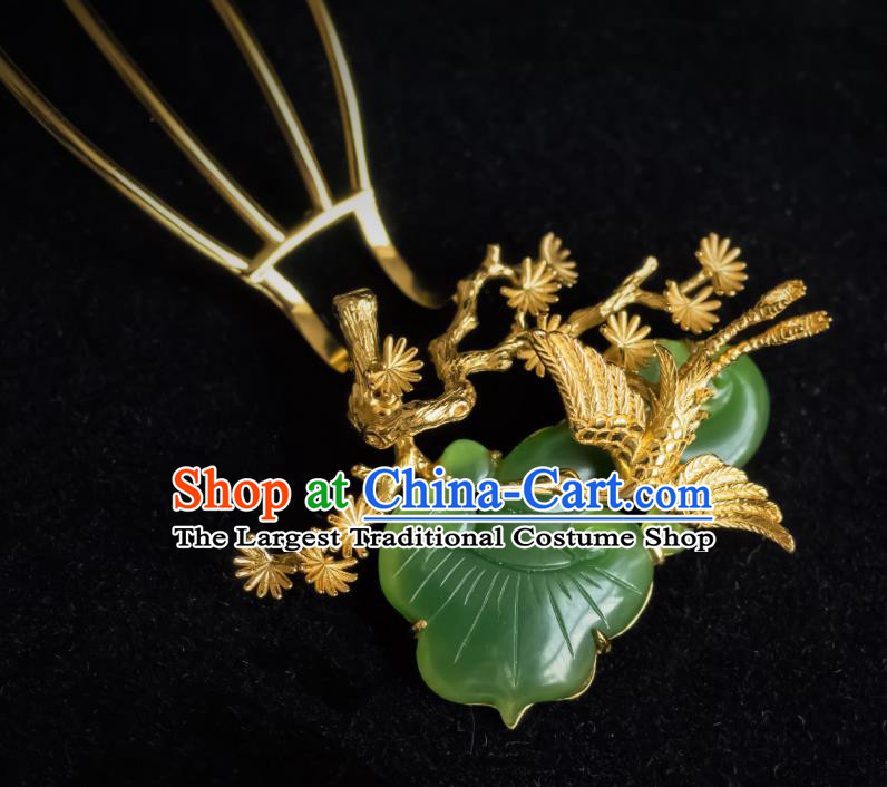 China Ming Dynasty Jade Hairpin Traditional Hanfu Hair Accessories Ancient Noble Woman Pine Crane Hair Comb