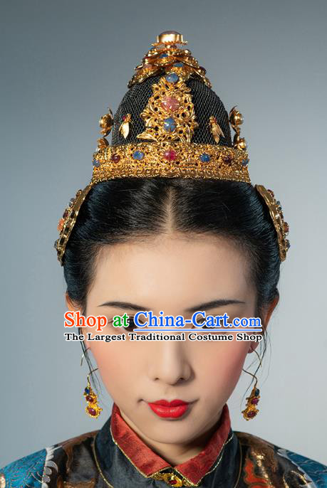 China Handmade Wedding Hair Accessories Ancient Empress Gems Hairpins Traditional Ming Dynasty Hair Crown Full Set