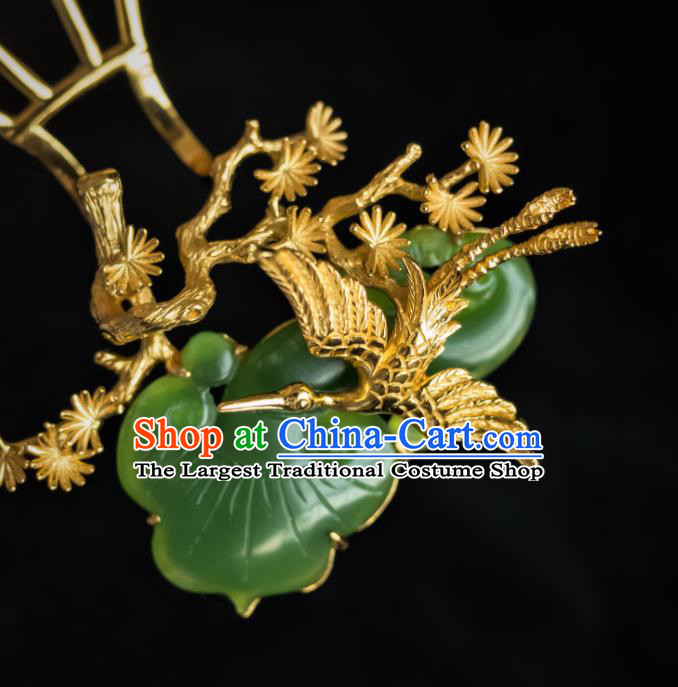 China Ming Dynasty Jade Hairpin Traditional Hanfu Hair Accessories Ancient Noble Woman Pine Crane Hair Comb