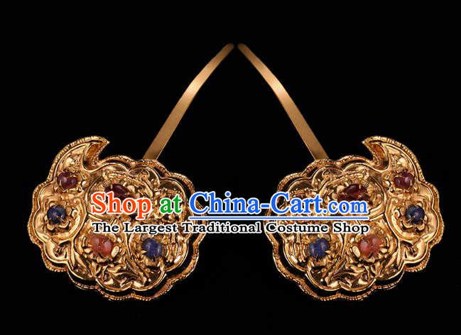 China Handmade Court Hair Accessories Ancient Empress Gems Hairpins Traditional Ming Dynasty Golden Hair Sticks