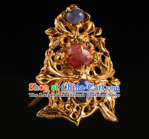 China Traditional Ming Dynasty Gems Hair Crown Handmade Hair Accessories Ancient Queen Golden Hairpin