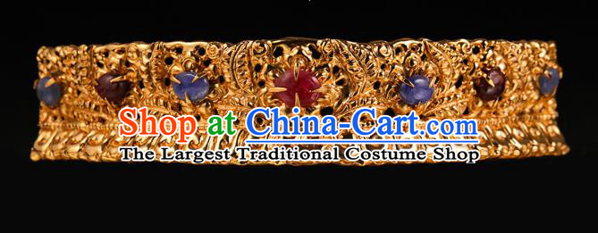 China Traditional Ming Dynasty Golden Hair Crown Handmade Hair Accessories Ancient Queen Gems Hairpin Hair Stick
