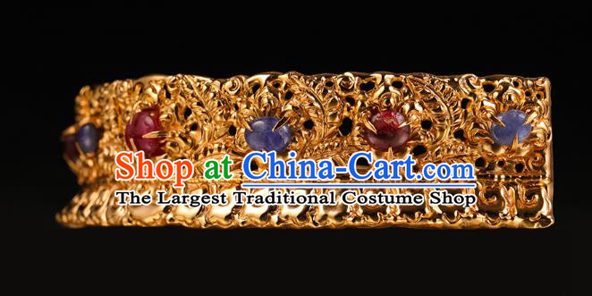 China Traditional Ming Dynasty Golden Hair Crown Handmade Hair Accessories Ancient Queen Gems Hairpin Hair Stick