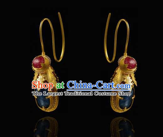 Handmade Chinese Traditional Ming Dynasty Lapis Ear Accessories Ancient Court Woman Golden Earrings Jewelry