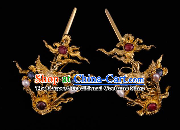 Handmade Chinese Ming Dynasty Court Ear Accessories Traditional Ancient Empress Golden Crane Earrings Gems Jewelry
