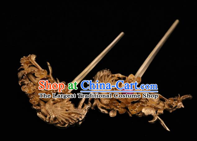 China Ancient Hanfu Golden Phoenix Hair Stick Handmade Hair Accessories Traditional Ming Dynasty Court Plum Blossom Hairpin