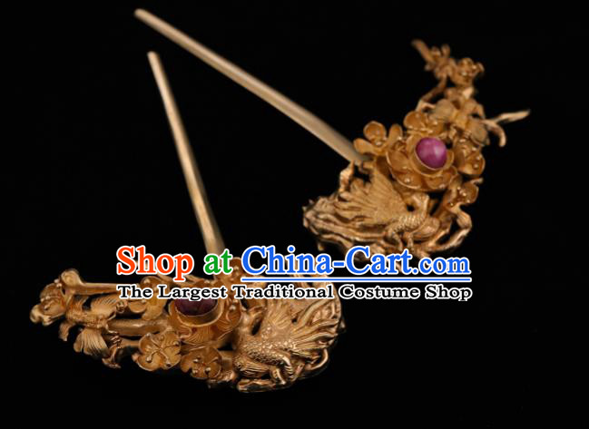 China Ancient Hanfu Golden Phoenix Hair Stick Handmade Hair Accessories Traditional Ming Dynasty Court Plum Blossom Hairpin