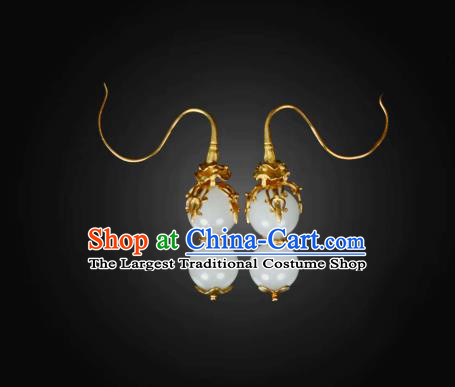 Handmade Chinese Ming Dynasty Jade Gourd Ear Accessories Traditional Ancient Empress Golden Earrings Jewelry