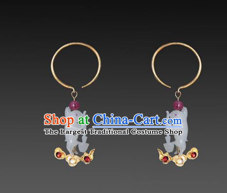 Handmade Chinese Qing Dynasty Jade Rabbit Ear Accessories Traditional Ancient Empress Golden Cloud Earrings Jewelry