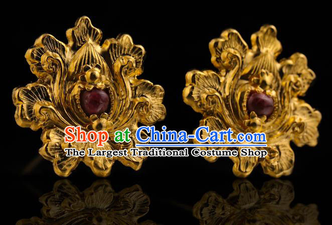 China Traditional Ming Dynasty Gems Hairpin Handmade Hair Accessories Ancient Queen Golden Lotus Hair Sticks