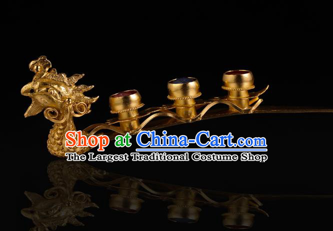 China Traditional Ming Dynasty Golden Phoenix Hairpin Handmade Hair Accessories Ancient Empress Gems Hair Stick