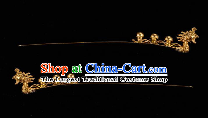 China Traditional Ming Dynasty Golden Phoenix Hairpin Handmade Hair Accessories Ancient Empress Gems Hair Stick