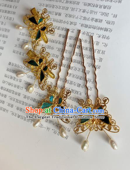 China Ancient Palace Lady Hairpin Handmade Hair Accessories Traditional Ming Dynasty Princess Green Butterfly Hair Stick