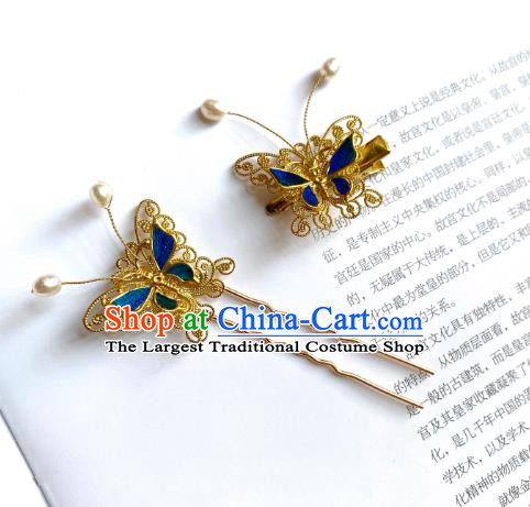 China Ancient Palace Lady Blue Butterfly Hairpin Handmade Hair Accessories Traditional Ming Dynasty Princess Hair Stick