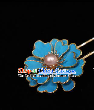 China Ancient Princess Pearl Hairpin Handmade Hair Accessories Traditional Ming Dynasty Imperial Consort Blue Peony Hair Stick