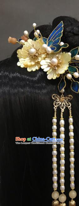 China Ancient Empress Yellow Shell Plum Hairpin Handmade Hair Accessories Traditional Ming Dynasty Pearls Tassel Hair Stick