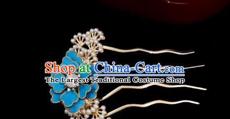 China Ancient Imperial Consort Hairpin Handmade Hair Accessories Traditional Ming Dynasty Palace Blue Peony Hair Comb