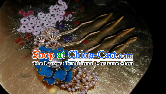 China Ancient Imperial Consort Hairpin Handmade Hair Accessories Traditional Ming Dynasty Palace Blue Peony Hair Comb