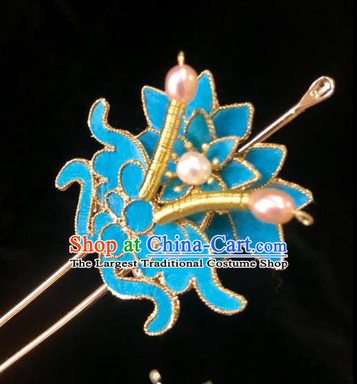 China Ancient Hanfu Pearls Hairpin Handmade Hair Accessories Traditional Ming Dynasty Blue Bat Hair Stick