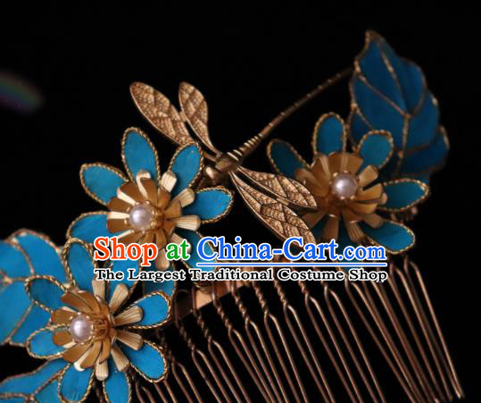 China Ancient Noble Woman Hairpin Handmade Hair Accessories Traditional Ming Dynasty Blue Dragonfly Lotus Hair Comb