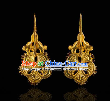 Handmade Chinese Traditional Ming Dynasty Golden Plum Ear Accessories Ancient Court Lady Earrings Gems Jewelry