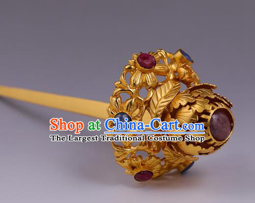 China Traditional Ming Dynasty Queen Gems Hairpin Handmade Hair Accessories Ancient Empress Gilding Peony Hair Stick