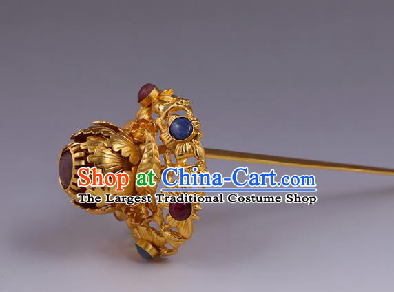 China Traditional Ming Dynasty Queen Gems Hairpin Handmade Hair Accessories Ancient Empress Gilding Peony Hair Stick