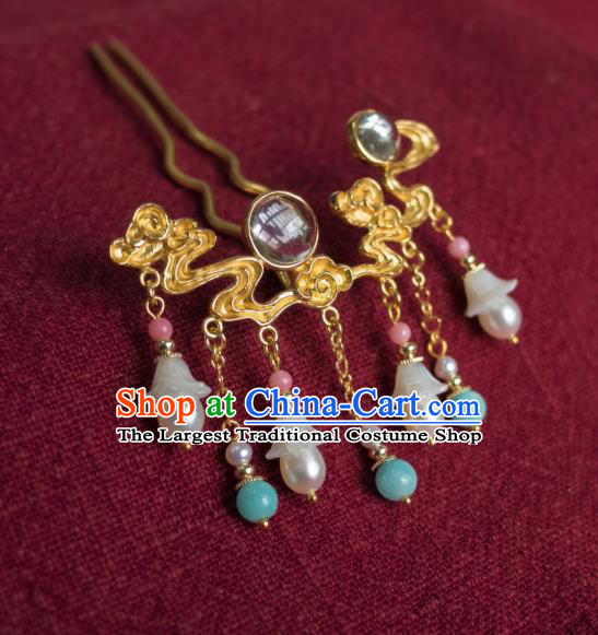 China Traditional Hanfu Hair Accessories Ancient Princess Tassel Step Shake Ming Dynasty Golden Cloud Hairpin