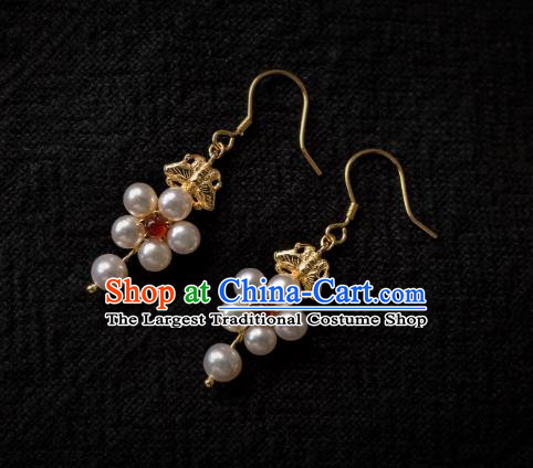 China Ancient Ming Dynasty Empress Pearls Ear Jewelry Traditional Hanfu Garnet Earrings