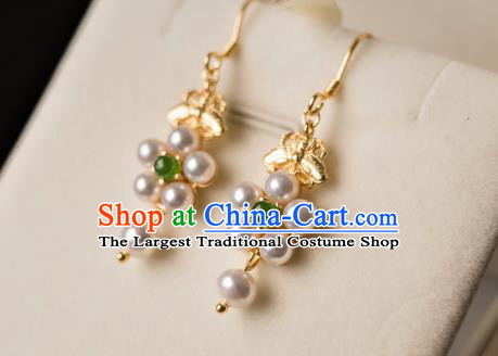 China Ancient Empress Pearls Ear Jewelry Traditional Ming Dynasty Hanfu Chrysoprase Earrings