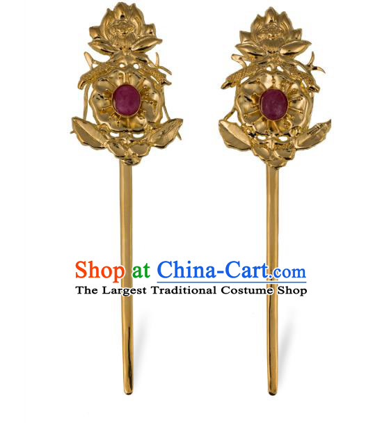 China Ancient Queen Golden Lotus Hairpin Handmade Hair Accessories Traditional Ming Dynasty Court Plum Blossom Hair Stick