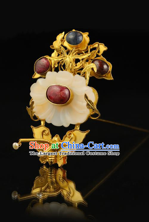 China Ancient Queen Jade Peony Hairpin Handmade Hair Accessories Traditional Ming Dynasty Court Golden Butterfly Hair Stick