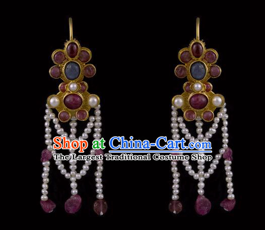 Handmade Chinese Ming Dynasty Court Pearls Tassel Ear Accessories Traditional Ancient Palace Lady Garnet Earrings Jewelry