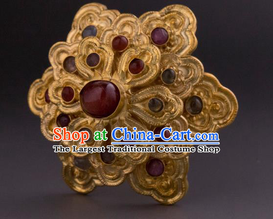 China Ancient Empress Gems Hairpin Handmade Hair Accessories Traditional Ming Dynasty Court Golden Hair Crown