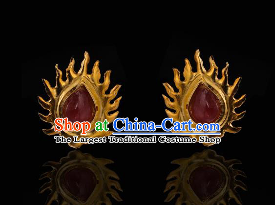 China Ancient Empress Ruby Hairpin Handmade Hair Accessories Traditional Ming Dynasty Golden Flame Hair Stick