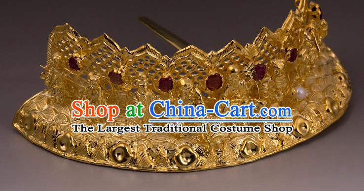 China Handmade Hair Accessories Ancient Court Empress Hairpin Traditional Ming Dynasty Ruby Gems Hair Crown