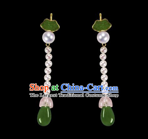 Handmade Chinese Qing Dynasty Court Pearls Ear Accessories Traditional Ancient Palace Lady Earrings Jade Jewelry