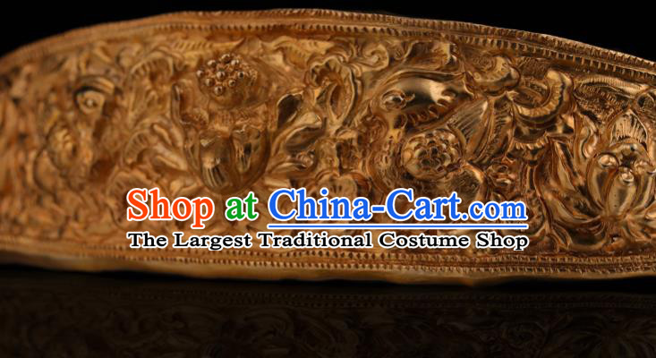 China Ancient Carving Mandarin Duck Golden Hair Stick Handmade Hair Accessories Traditional Tang Dynasty Court Hair Crown