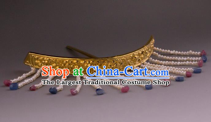 China Ancient Empress Pearls Tassel Hairpin Handmade Hair Accessories Traditional Ming Dynasty Golden Hair Crown