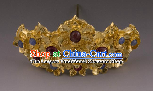China Ancient Empress Golden Flowers Hairpin Handmade Hair Accessories Traditional Ming Dynasty Palace Gems Hair Crown