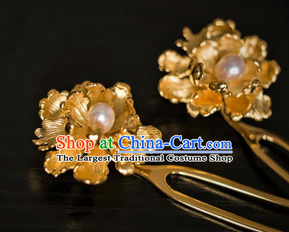 China Ancient Empress Golden Peony Hairpin Traditional Tang Dynasty Hair Accessories Pearl Hair Stick