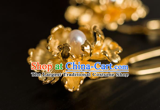 China Ancient Empress Golden Peony Hairpin Traditional Tang Dynasty Hair Accessories Pearl Hair Stick