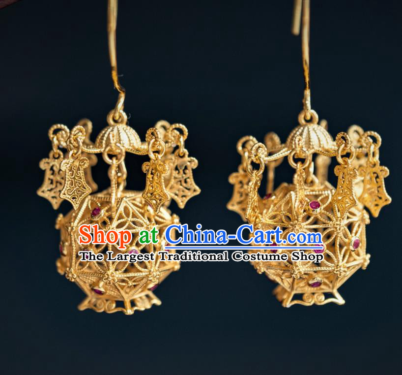 China Traditional Hanfu Gilding Earrings Ancient Ming Dynasty Court Empress Lantern Ear Jewelry