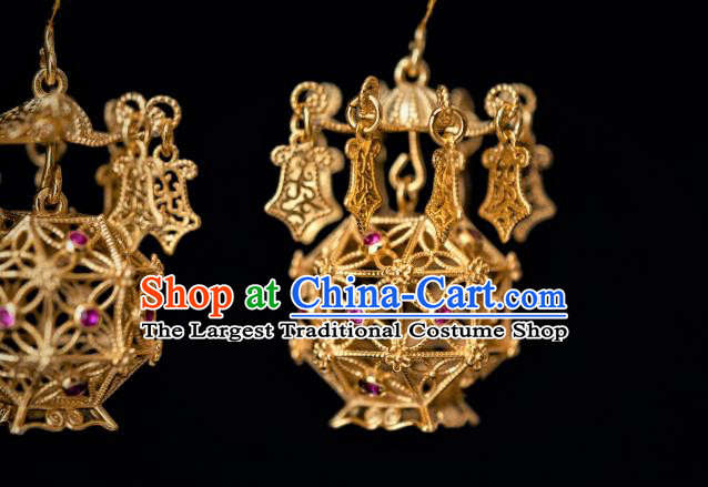 China Traditional Hanfu Gilding Earrings Ancient Ming Dynasty Court Empress Lantern Ear Jewelry