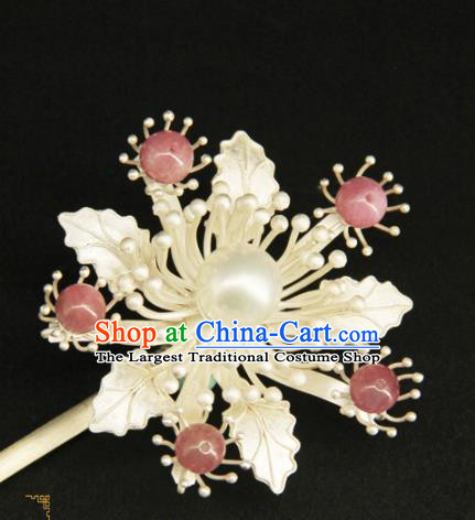 China Ancient Princess Hair Stick Handmade Hair Accessories Traditional Ming Dynasty Argent Flower Hairpin