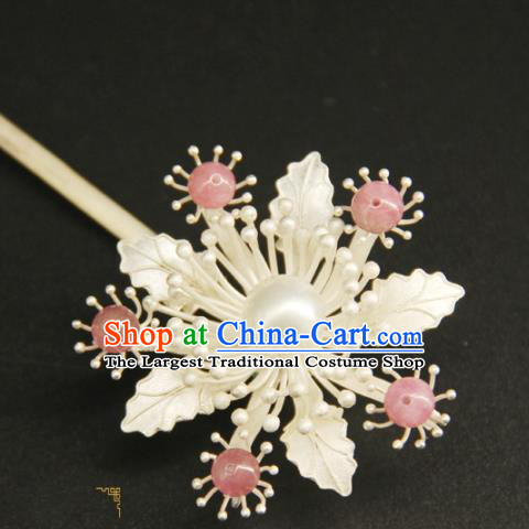 China Ancient Princess Hair Stick Handmade Hair Accessories Traditional Ming Dynasty Argent Flower Hairpin