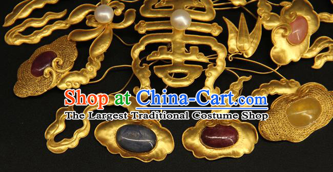 China Ancient Imperial Consort Gems Hair Crown Handmade Hair Accessories Traditional Qing Dynasty Court Golden Hairpin