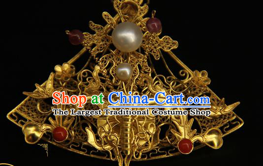 China Ancient Gilding Fan Hairpin Handmade Hair Accessories Traditional Ming Dynasty Golden Butterfly Hair Stick