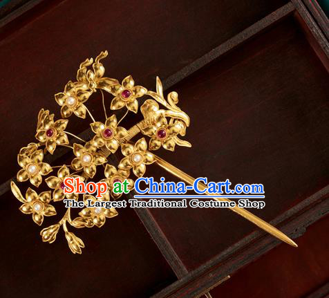 China Ancient Imperial Empress Hairpin Traditional Ming Dynasty Hair Accessories Handmade Golden Flowers Hair Clip