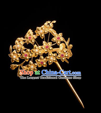 China Ancient Imperial Empress Hairpin Traditional Ming Dynasty Hair Accessories Handmade Golden Flowers Hair Clip